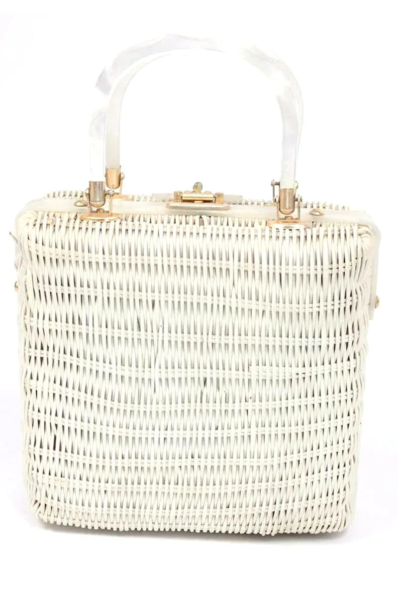 1960s Novelty White Wicker Lucite Vintage Handbag Rome London Paris