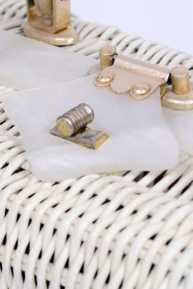 1960s Novelty White Wicker Lucite Vintage Handbag Rome London Paris