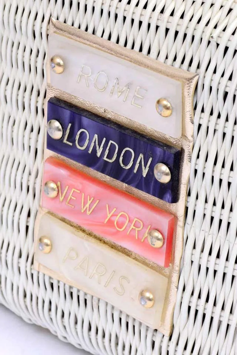 1960s Novelty White Wicker Lucite Vintage Handbag Rome London Paris