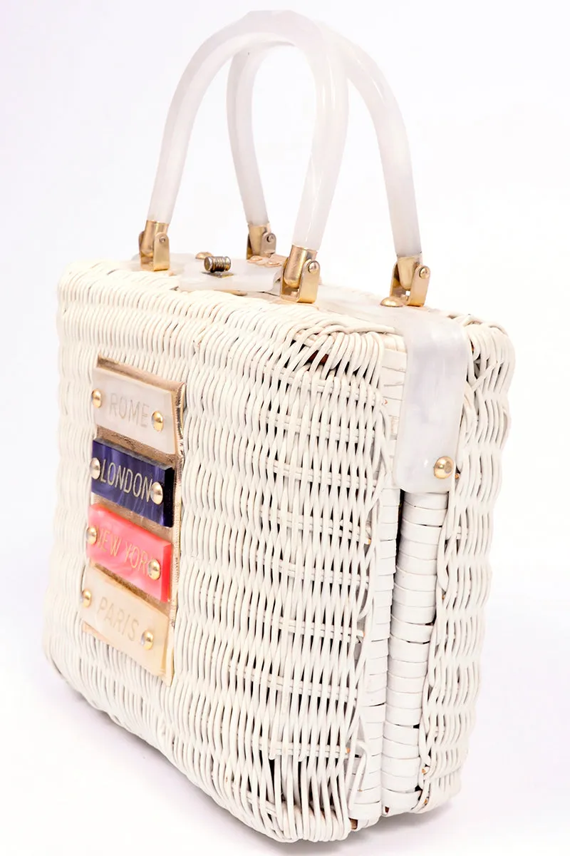 1960s Novelty White Wicker Lucite Vintage Handbag Rome London Paris