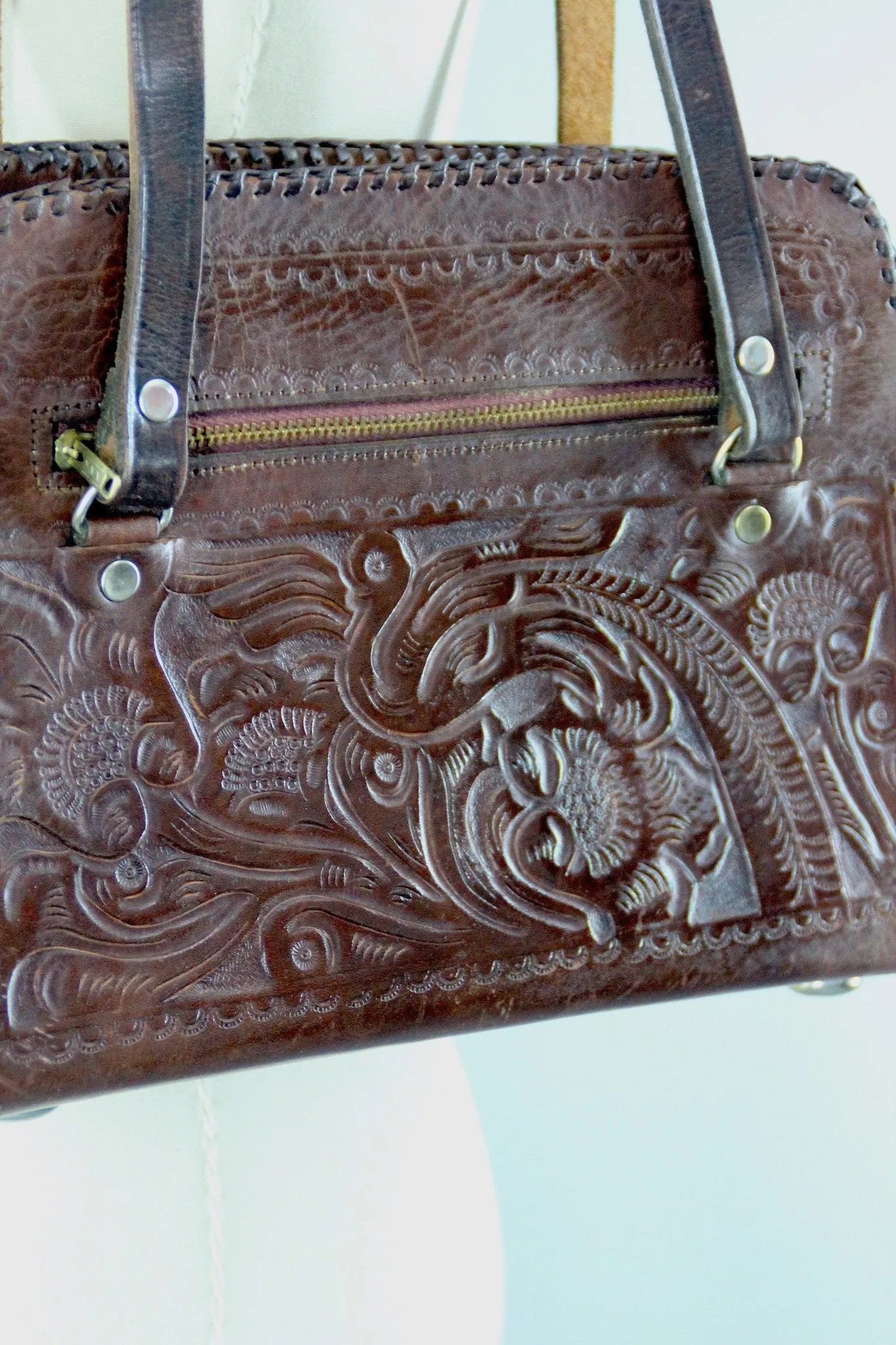 1960s Vintage Tooled Leather Shoulder Bag Handbag