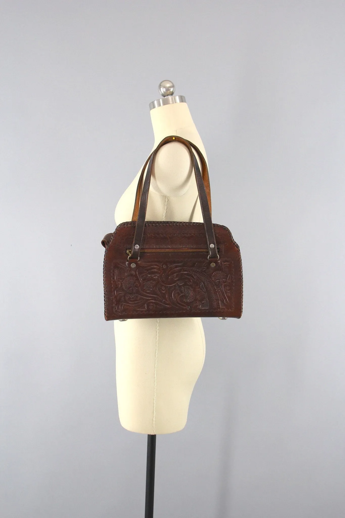 1960s Vintage Tooled Leather Shoulder Bag Handbag