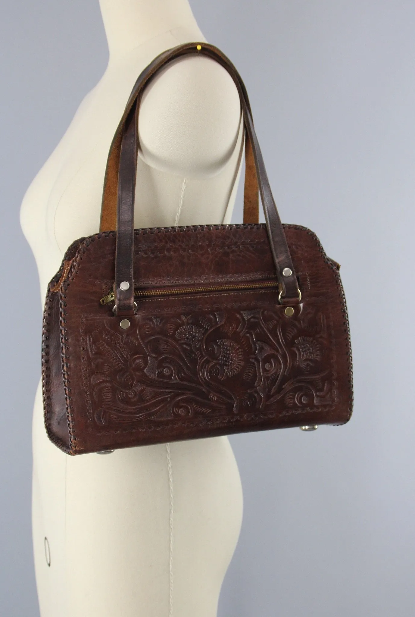 1960s Vintage Tooled Leather Shoulder Bag Handbag