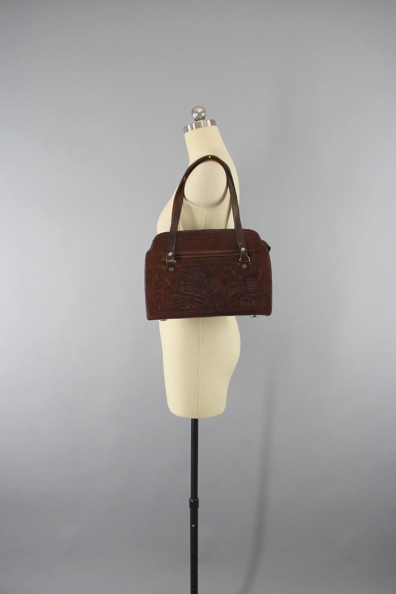 1960s Vintage Tooled Leather Shoulder Bag Handbag