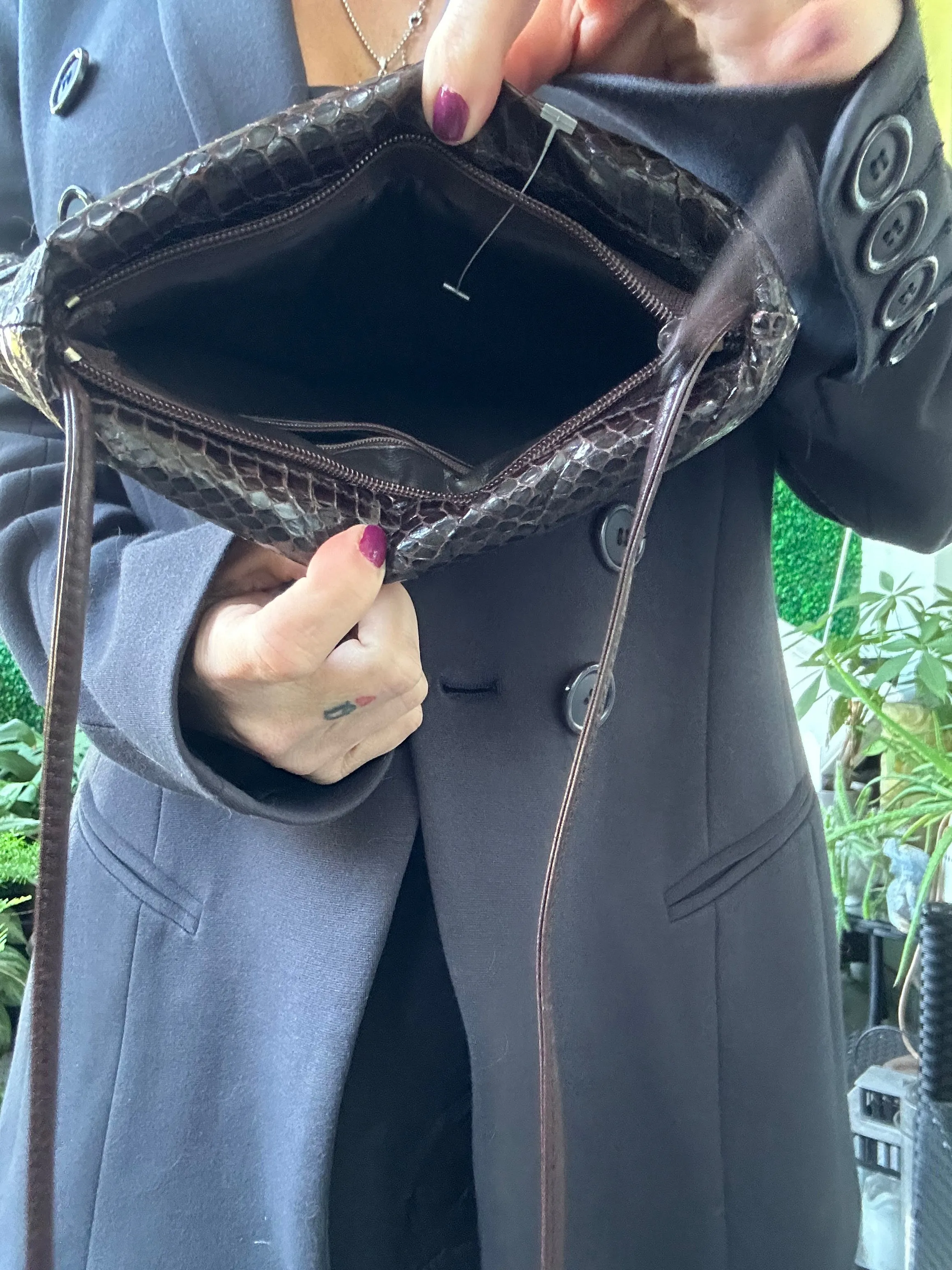 1970s Leather Snakeskin Brown Clemente Crossbody Handbag