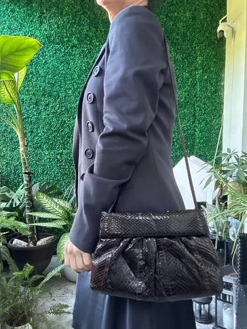 1970s Leather Snakeskin Brown Clemente Crossbody Handbag