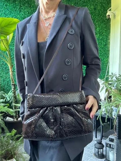 1970s Leather Snakeskin Brown Clemente Crossbody Handbag