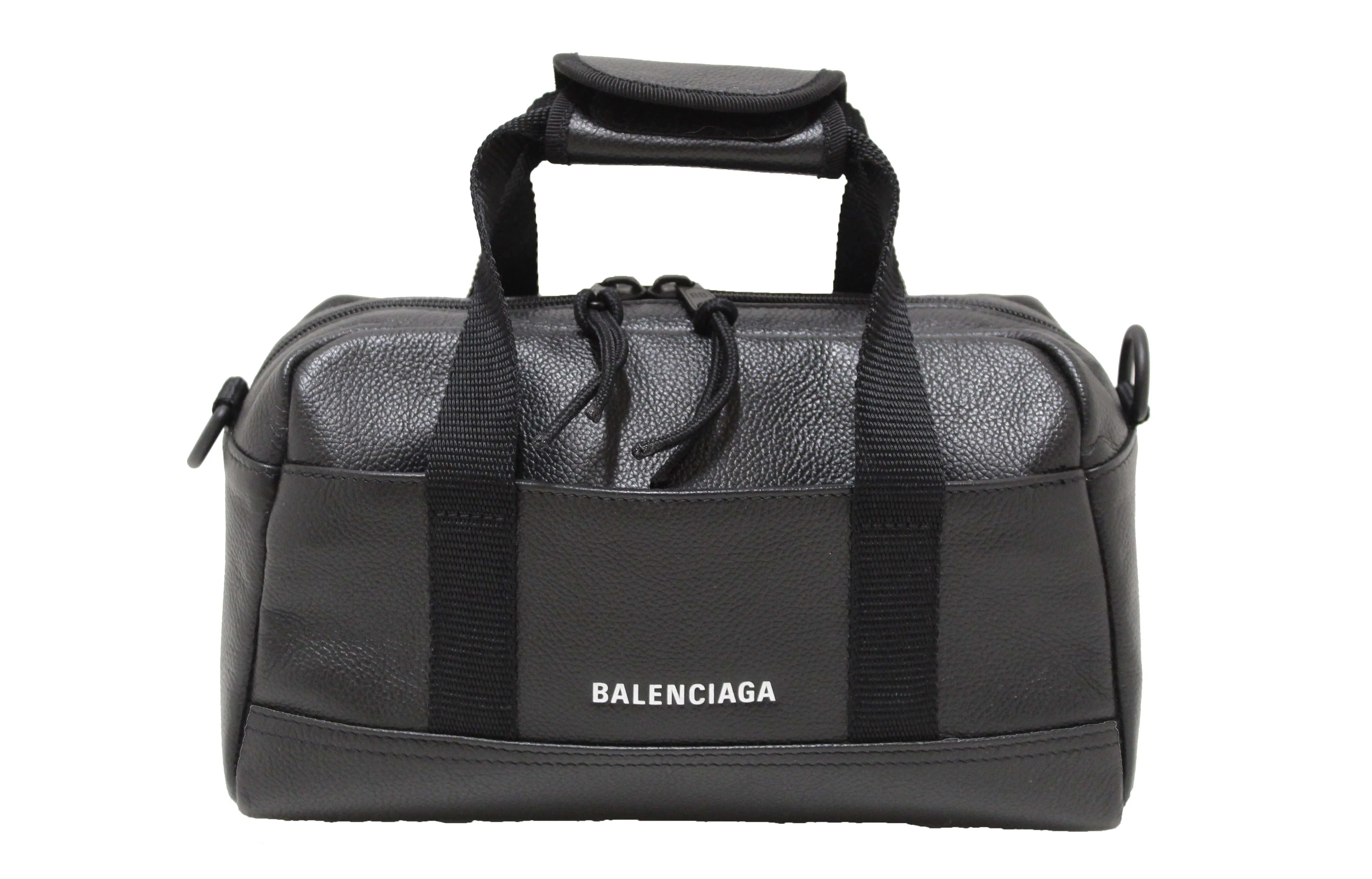 Authentic Balenciaga Black Grained Calfskin Leather Explorer Small Duffle Bag