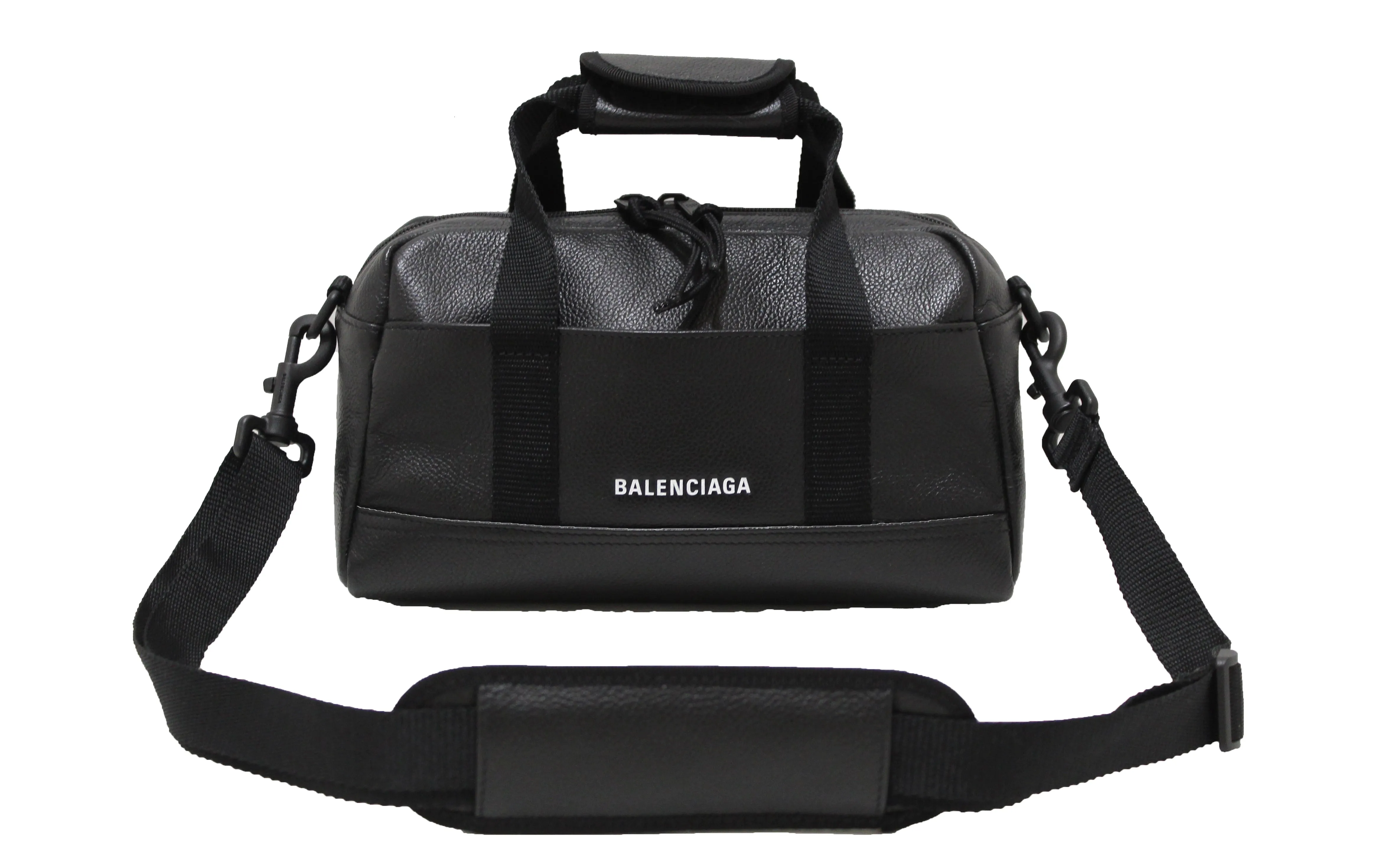 Authentic Balenciaga Black Grained Calfskin Leather Explorer Small Duffle Bag