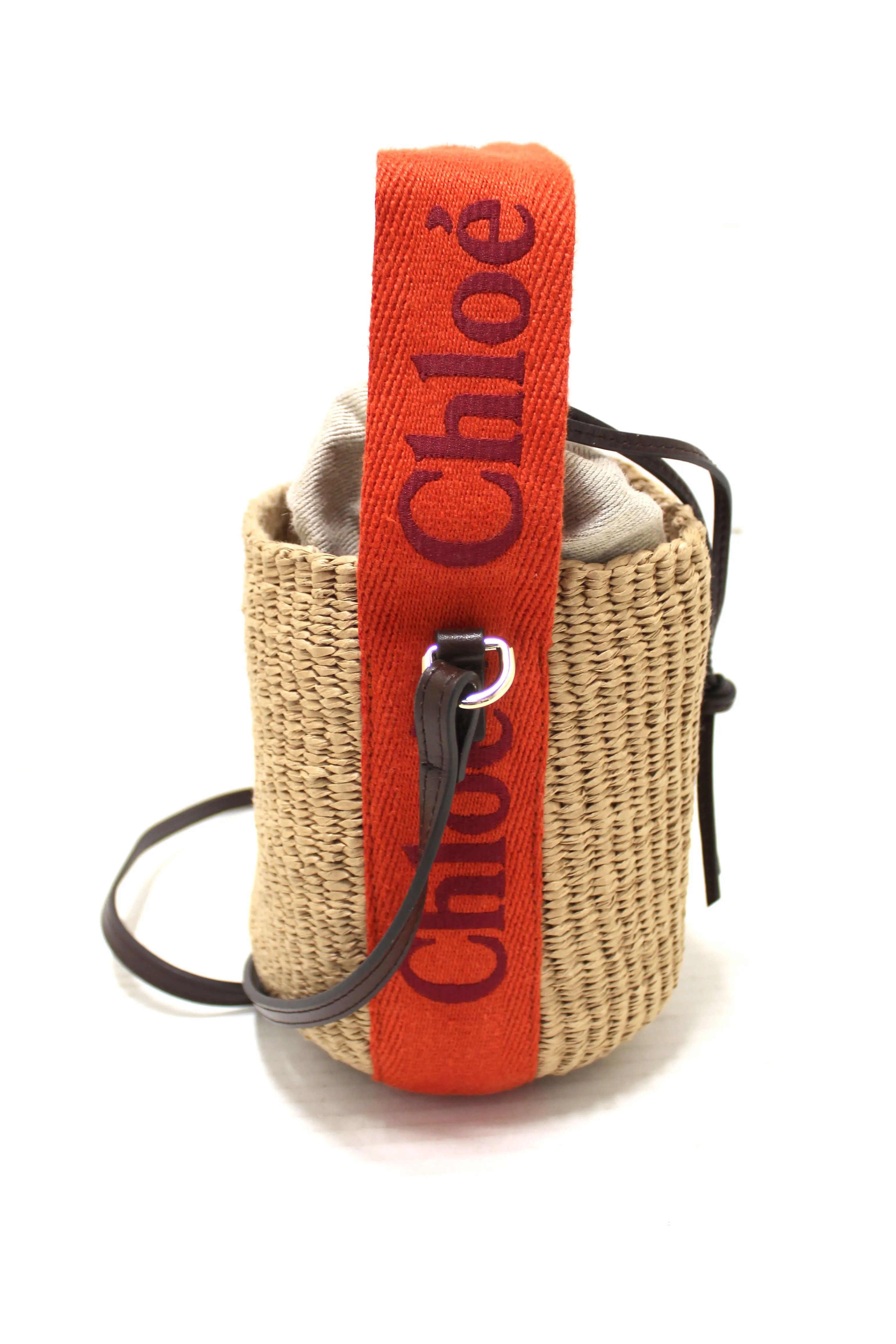 Authentic Chloé Woody Woven with Orange Logo Strap Tops Basket Bag