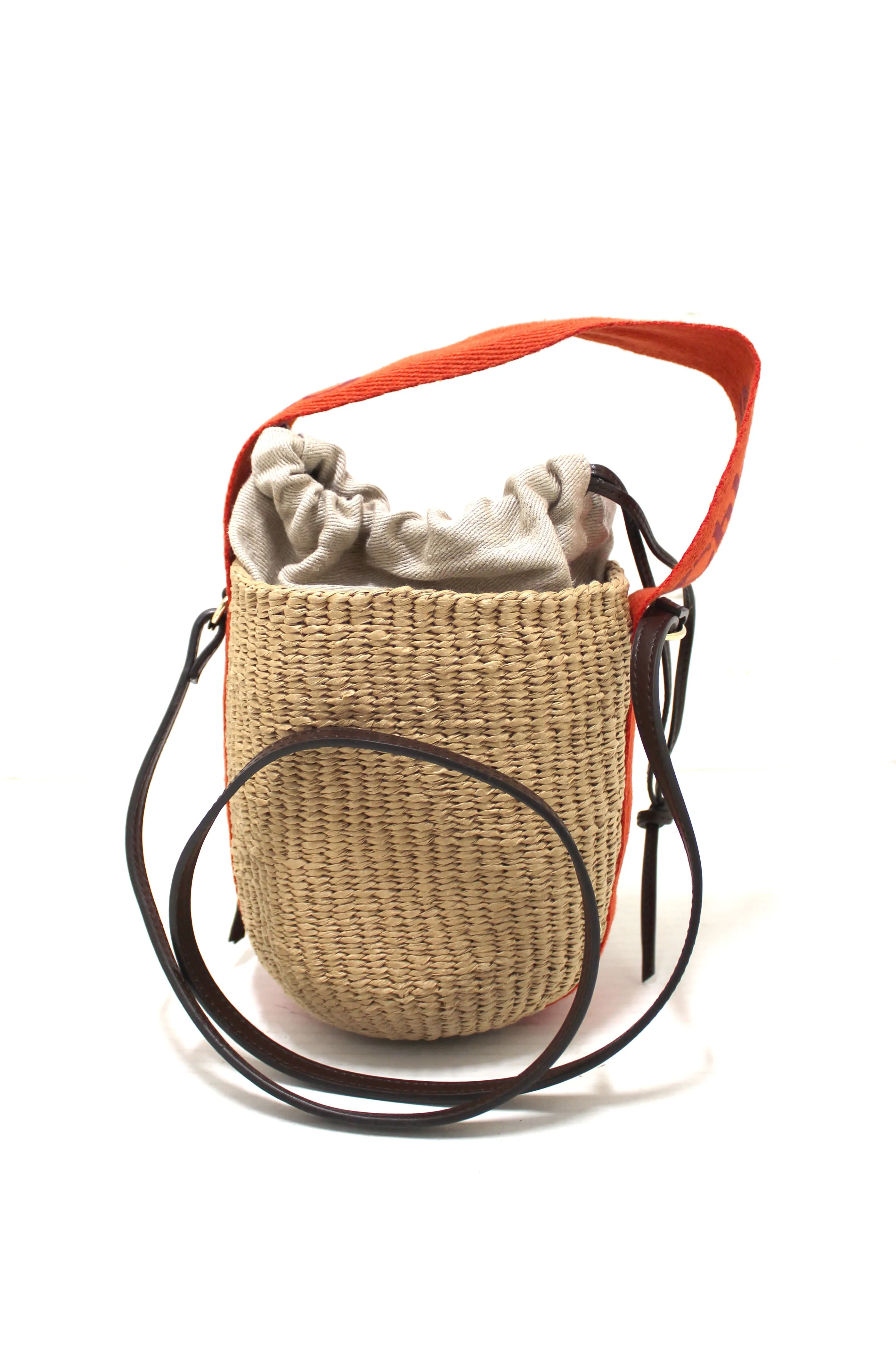 Authentic Chloé Woody Woven with Orange Logo Strap Tops Basket Bag