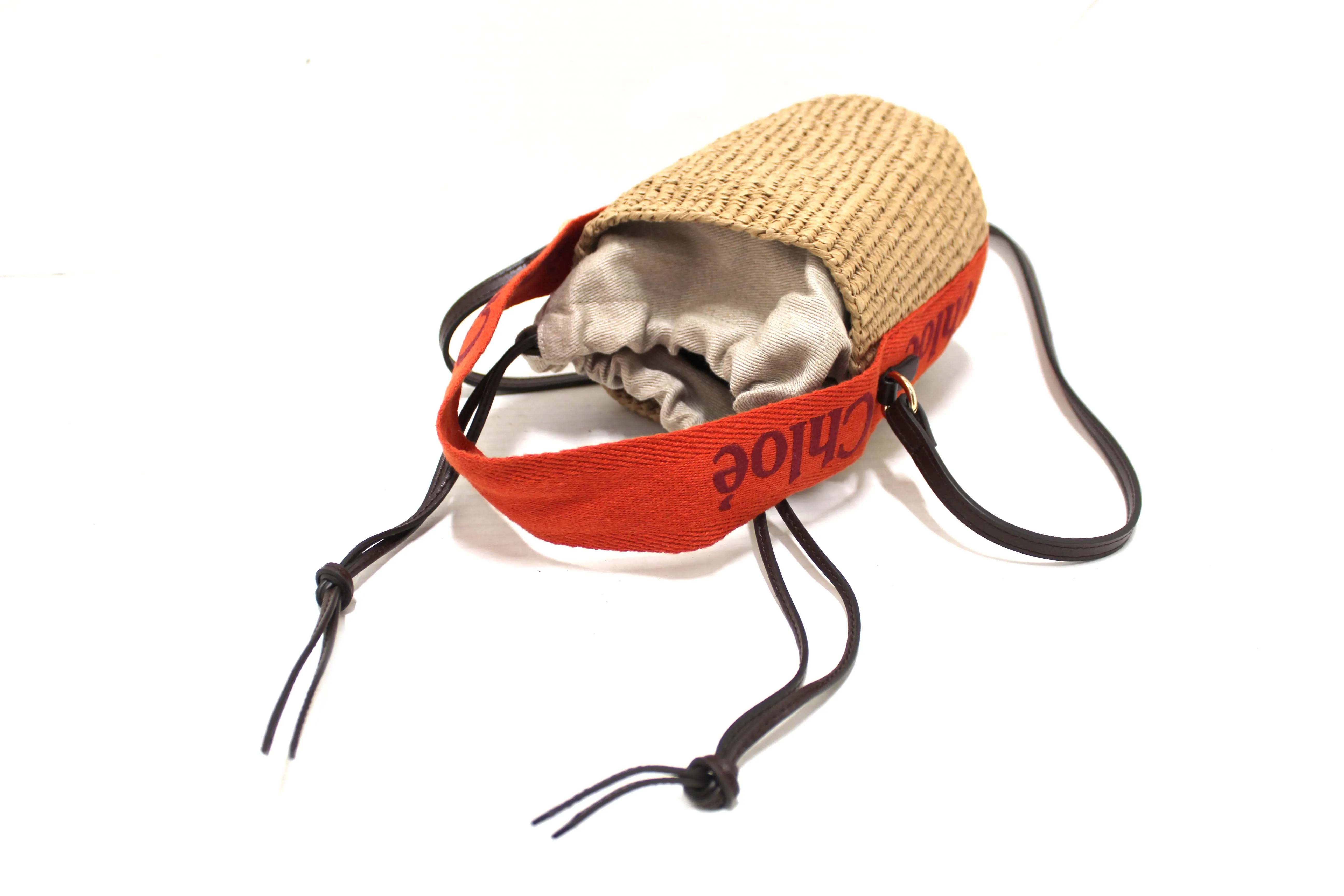 Authentic Chloé Woody Woven with Orange Logo Strap Tops Basket Bag