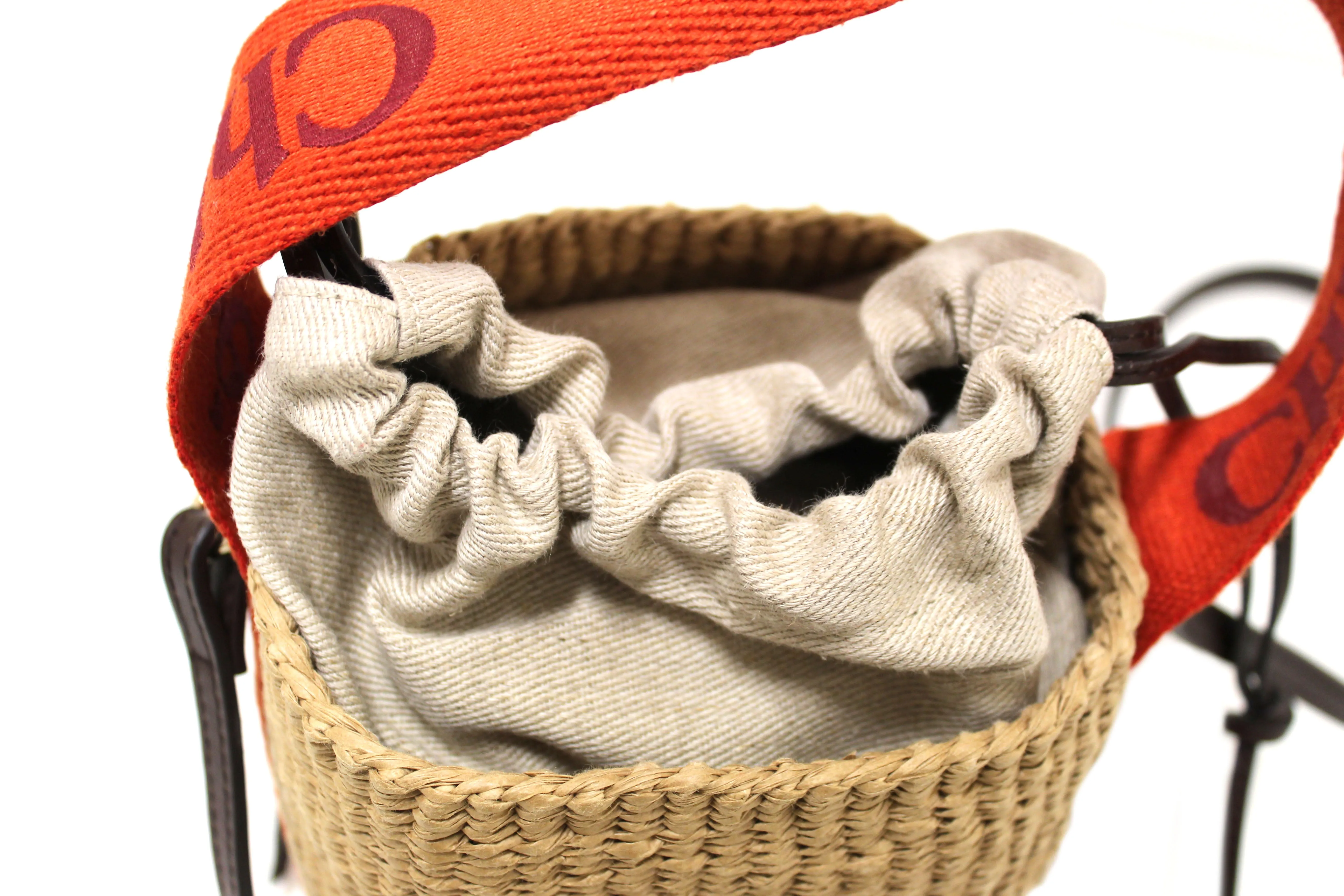 Authentic Chloé Woody Woven with Orange Logo Strap Tops Basket Bag