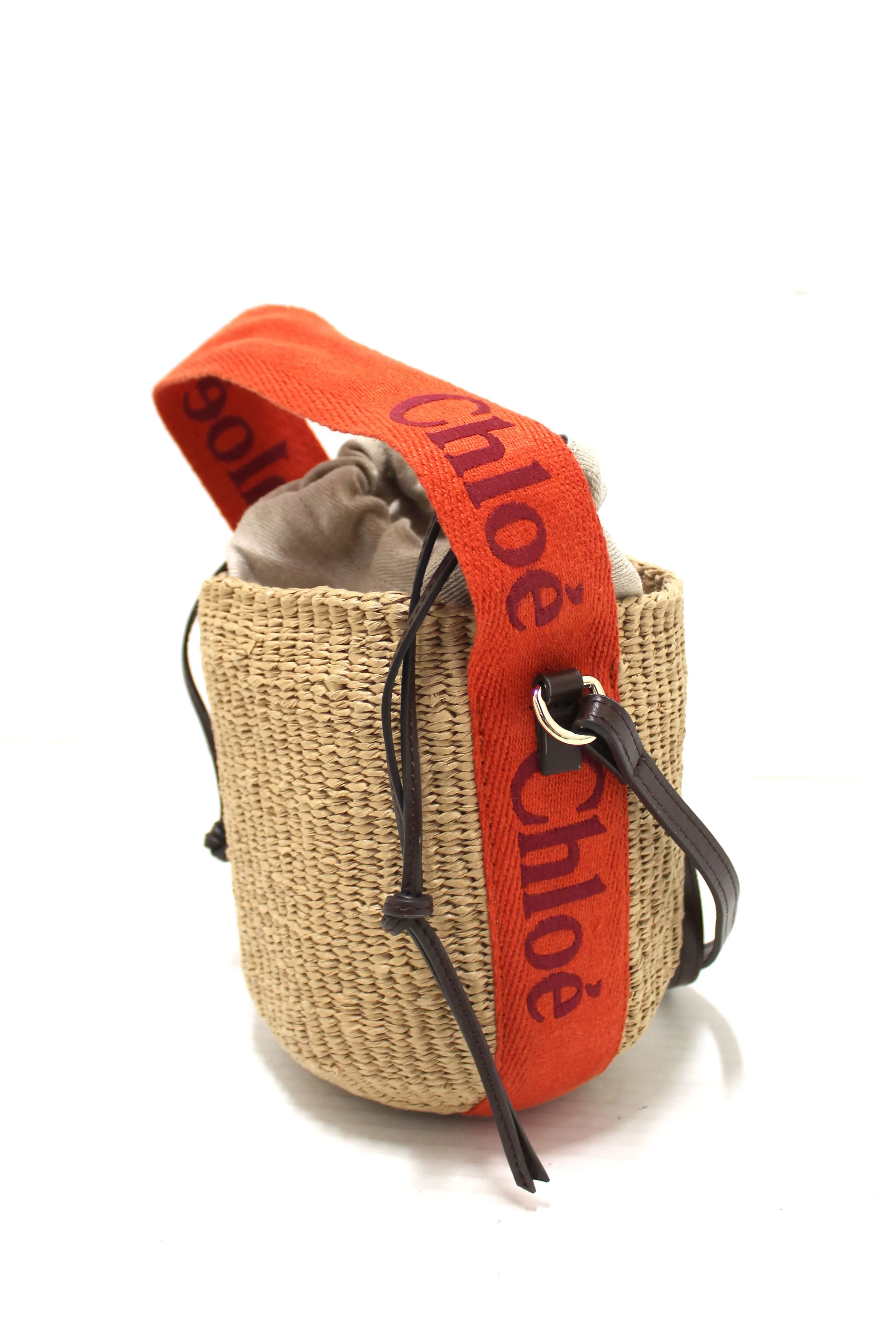 Authentic Chloé Woody Woven with Orange Logo Strap Tops Basket Bag