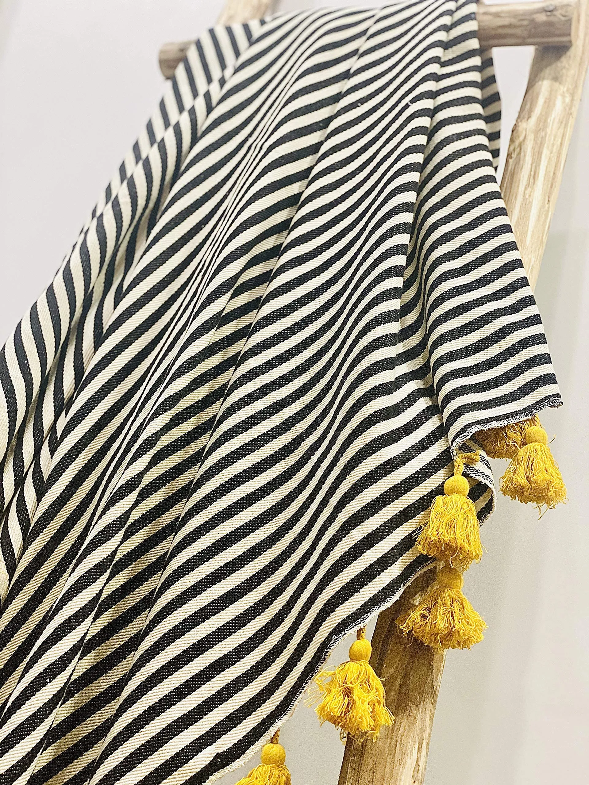 Award Velvets Black and White Stripes Medium Size Throw with Mustard Pom Pom | 50 x 60 inches| Cotton| breathable