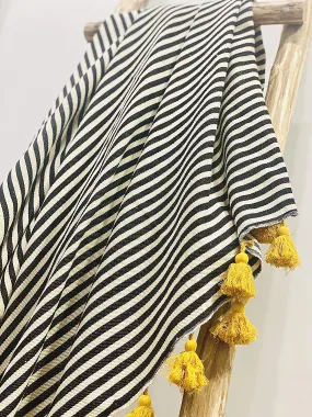 Award Velvets Black and White Stripes Medium Size Throw with Mustard Pom Pom | 50 x 60 inches| Cotton| breathable