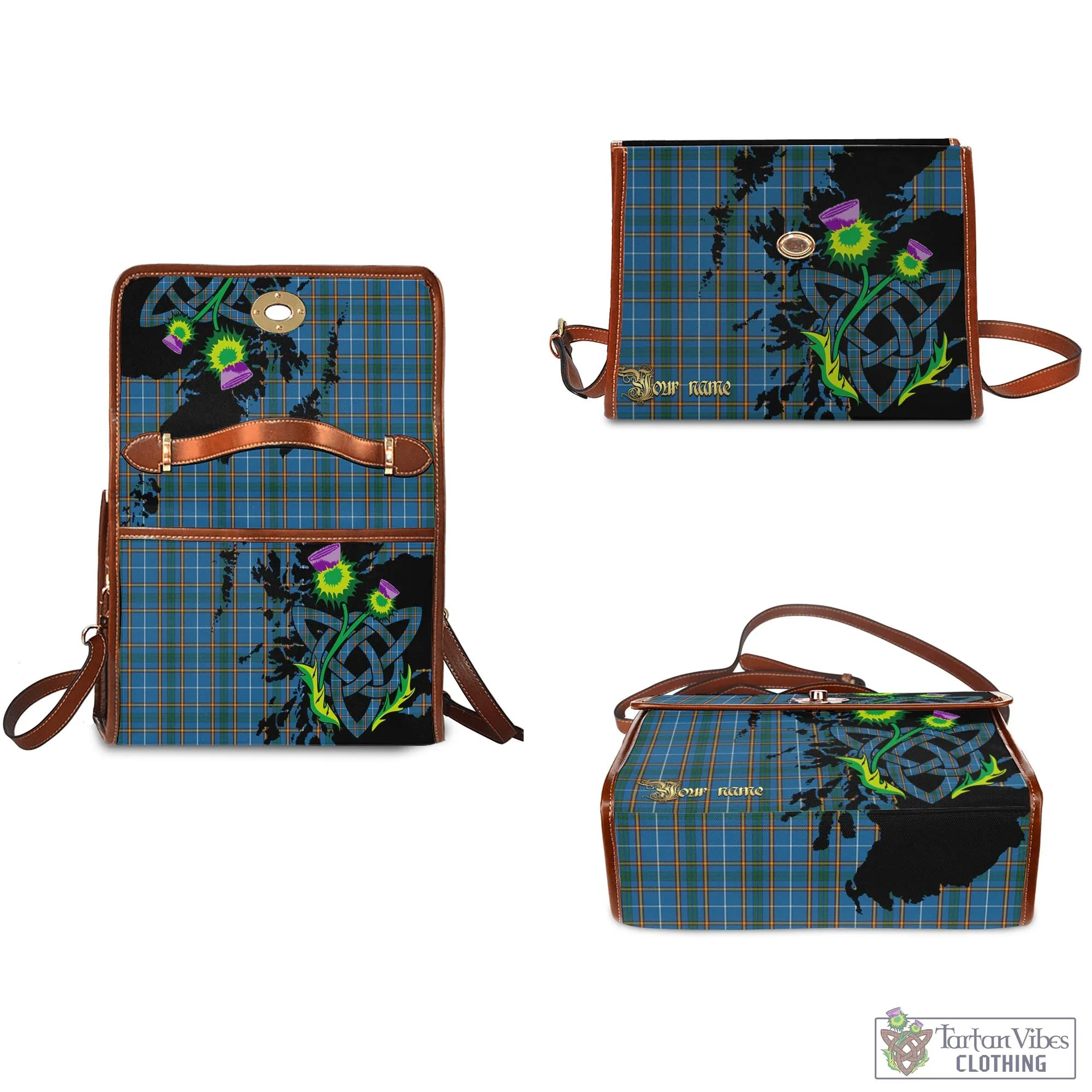 Bain Tartan Waterproof Canvas Bag with Scotland Map and Thistle Celtic Accents