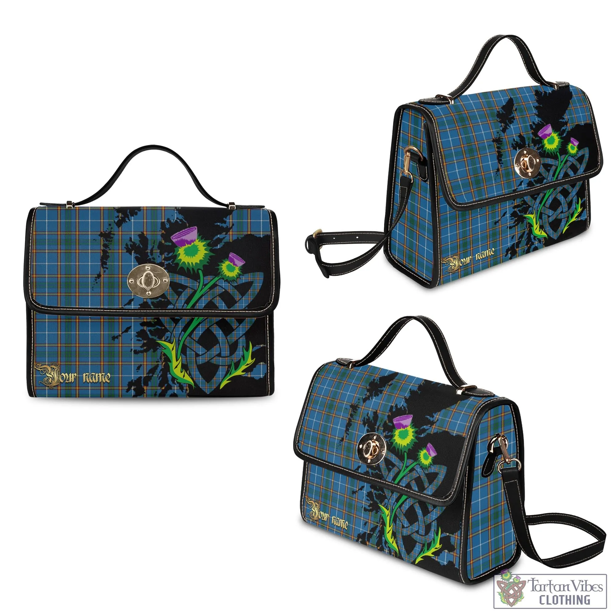 Bain Tartan Waterproof Canvas Bag with Scotland Map and Thistle Celtic Accents