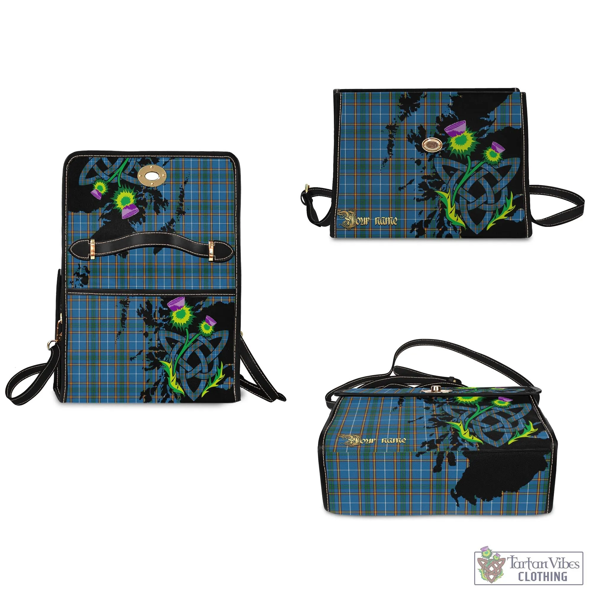Bain Tartan Waterproof Canvas Bag with Scotland Map and Thistle Celtic Accents