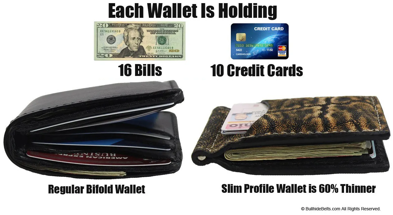 Black Alligator Bifold Slim Profile Wallet With Money Clip