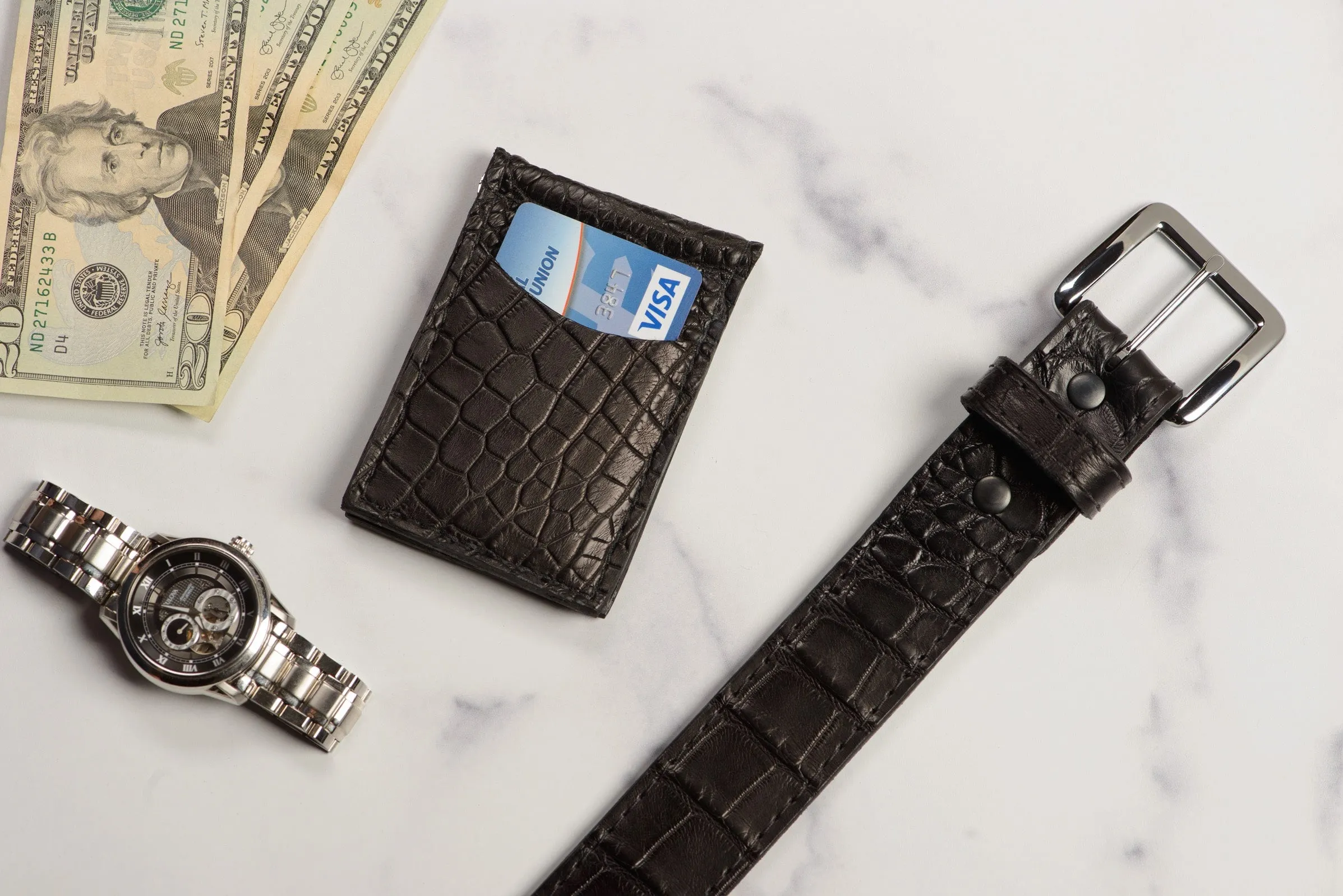 Black Alligator Bifold Slim Profile Wallet With Money Clip