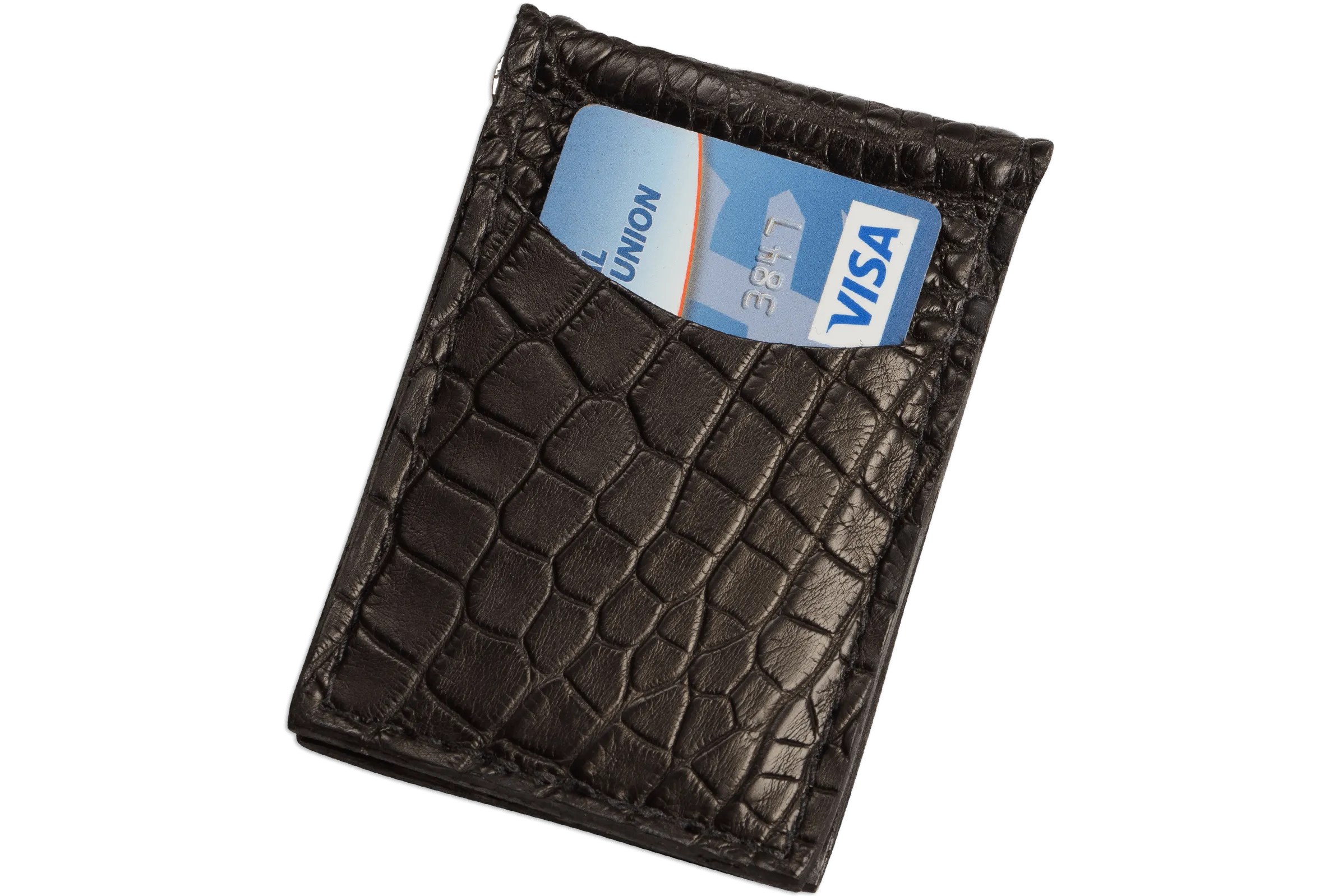 Black Alligator Bifold Slim Profile Wallet With Money Clip