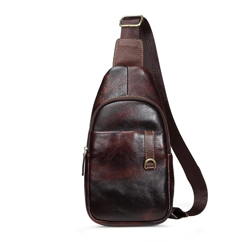 Brown Cool LEATHER MENS 8 inches Sling Bag One Shoulder Backpack Dark Brown Chest Bag For Men
