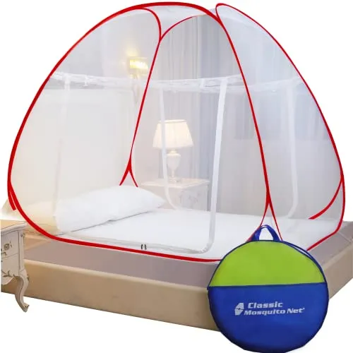 Classic Mosquito Net for King Size Double Bed | Foldable Machardani | Polyester Strong Net | Coated Corrosion Resistant Steel Wire - Red