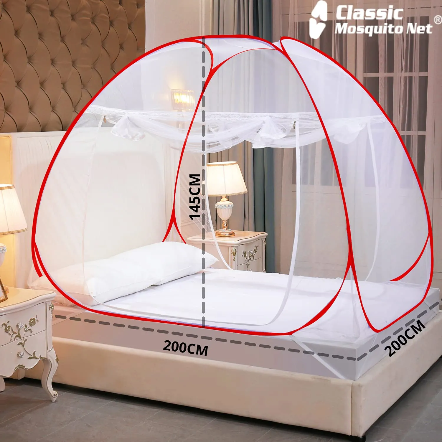 Classic Mosquito Net for King Size Double Bed | Foldable Machardani | Polyester Strong Net | Coated Corrosion Resistant Steel Wire - Red