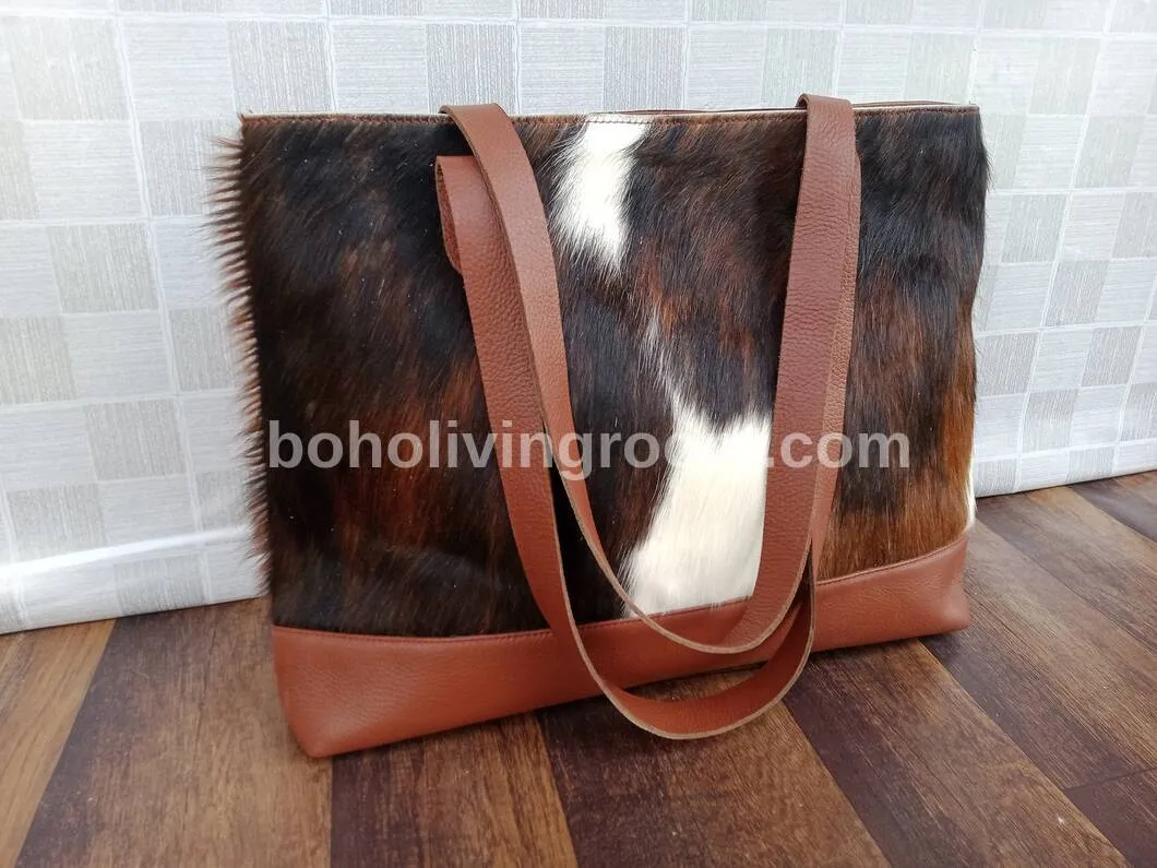 Cowhide Tote Purse Brown Black White
