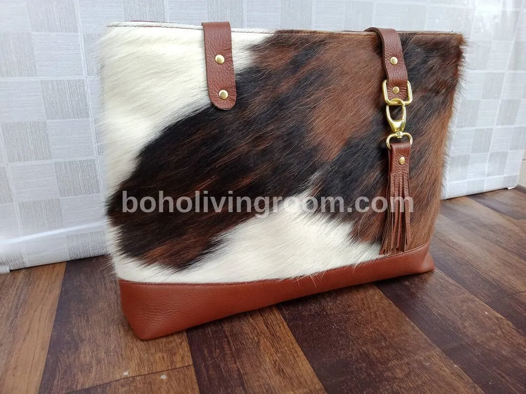Cowhide Tote Purse Brown Black White