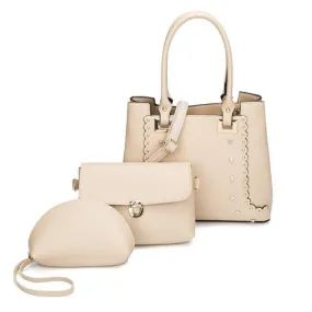Dreubea 3 in 1 Women's Leather With Details HandBag Cream