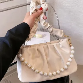Elegant Ruched Handbag Luxury Pearl Chain Shoulder Purse