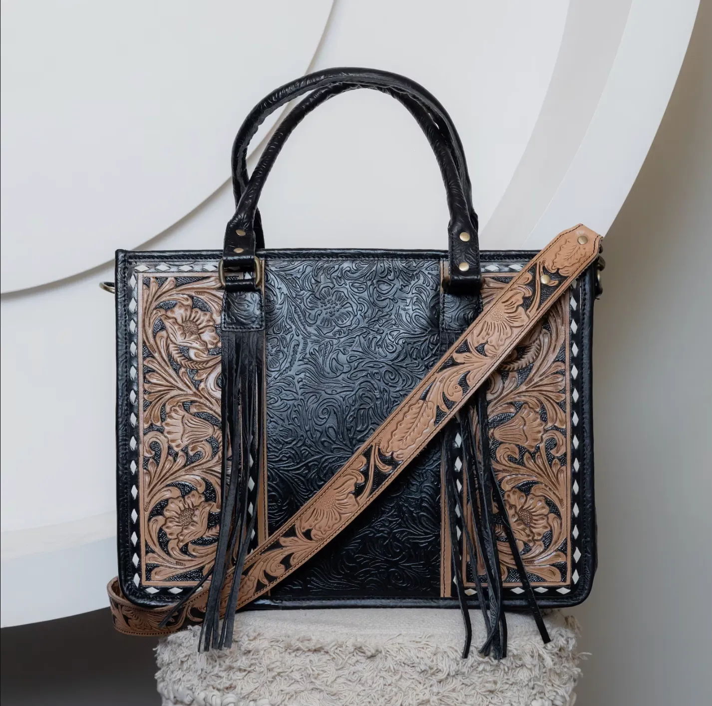 Embossed Tooled Leather Tote Purse