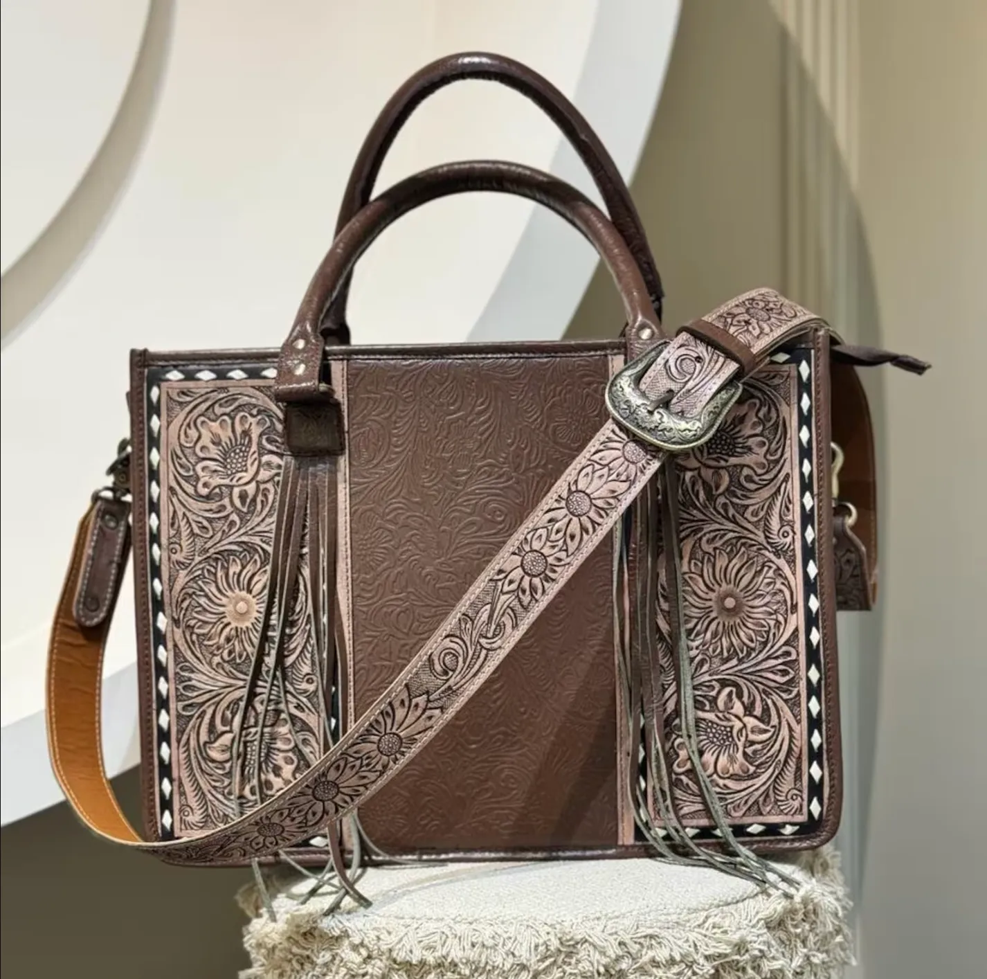 Embossed Tooled Leather Tote Purse