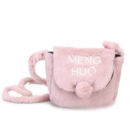Faux Fur Pompom Letter Crossbody Bag - Pink