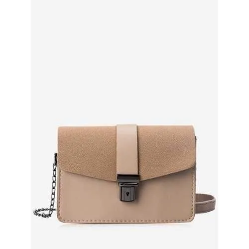 Faux Leather Chain Double Side Crossbody Bag - Khaki