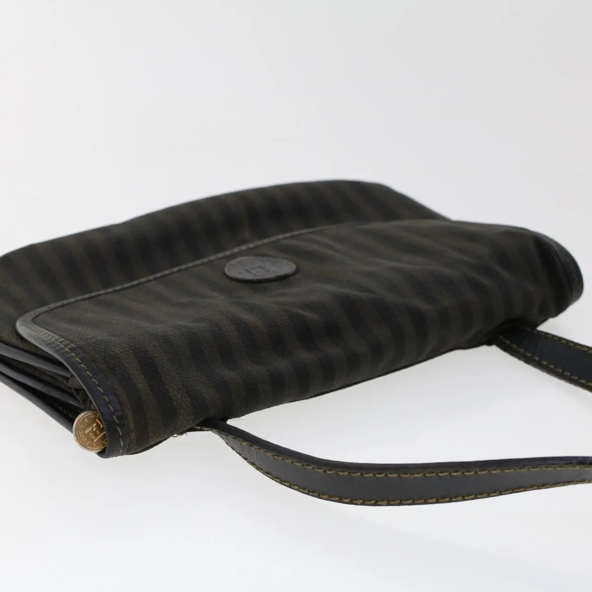 FENDI Pecan Canvas Shoulder Bag Leather Black Brown Auth yb229