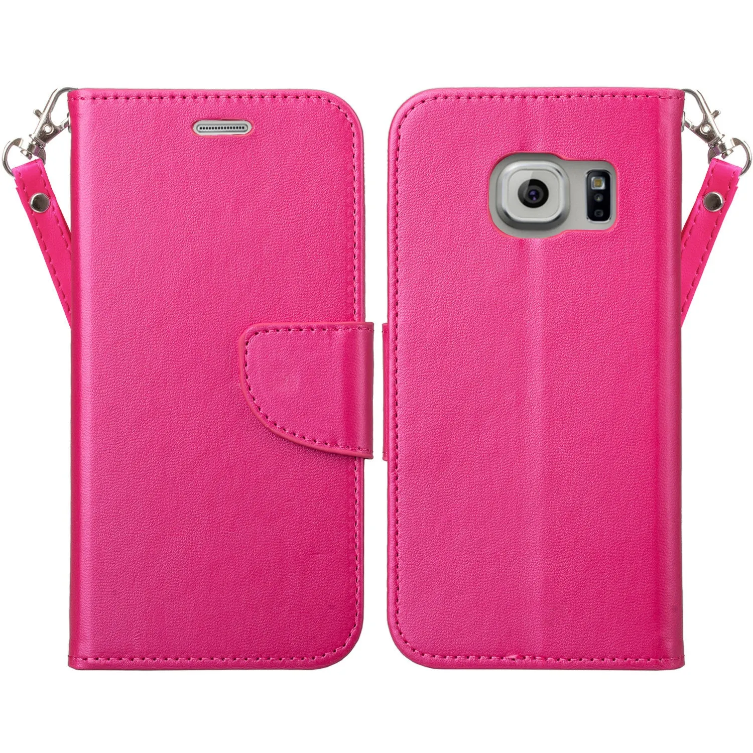 Galaxy S7 Case, Double Fold Wallet Case, Wrist Strap Flip Folio [Kickstand Feature] Pu Leather Wallet Case with ID & Credit Card Slot For Galaxy S7 - Hot Pink