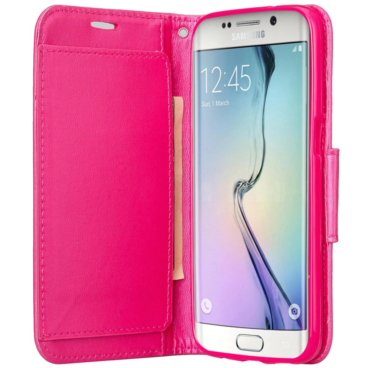 Galaxy S7 Case, Double Fold Wallet Case, Wrist Strap Flip Folio [Kickstand Feature] Pu Leather Wallet Case with ID & Credit Card Slot For Galaxy S7 - Hot Pink