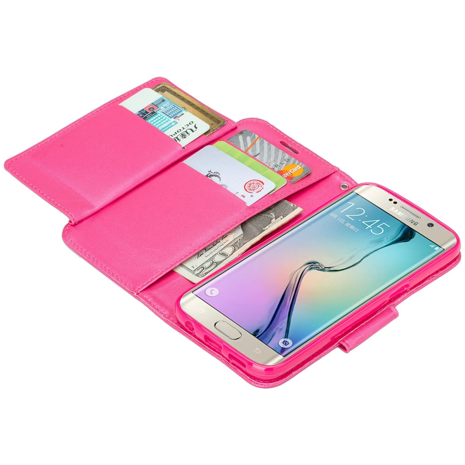 Galaxy S7 Case, Double Fold Wallet Case, Wrist Strap Flip Folio [Kickstand Feature] Pu Leather Wallet Case with ID & Credit Card Slot For Galaxy S7 - Hot Pink