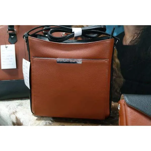 GTM Original Cinnamon & Black Leather Crossbody Purse with Built in Wallet