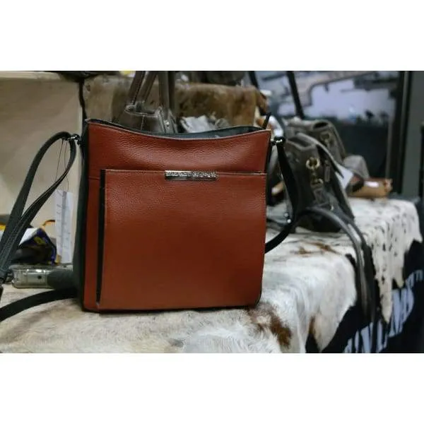 GTM Original Cinnamon & Black Leather Crossbody Purse with Built in Wallet