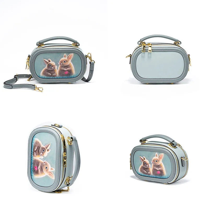 Hand-carved Leather Art Bag in Vegetable Tanned Cowhide with Cute Little Animals Pattern