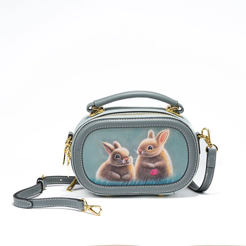 Hand-carved Leather Art Bag in Vegetable Tanned Cowhide with Cute Little Animals Pattern