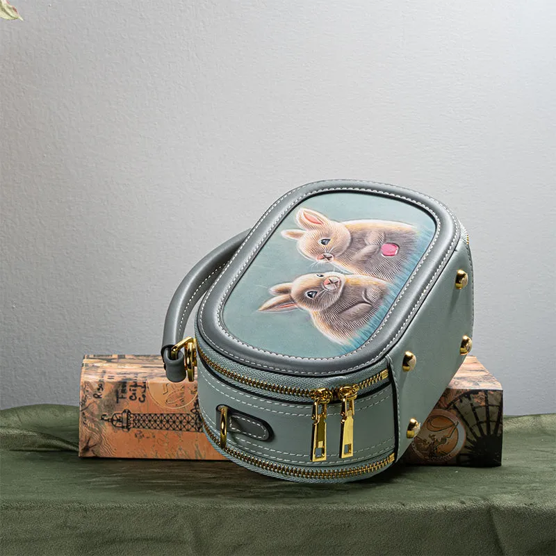 Hand-carved Leather Art Bag in Vegetable Tanned Cowhide with Cute Little Animals Pattern
