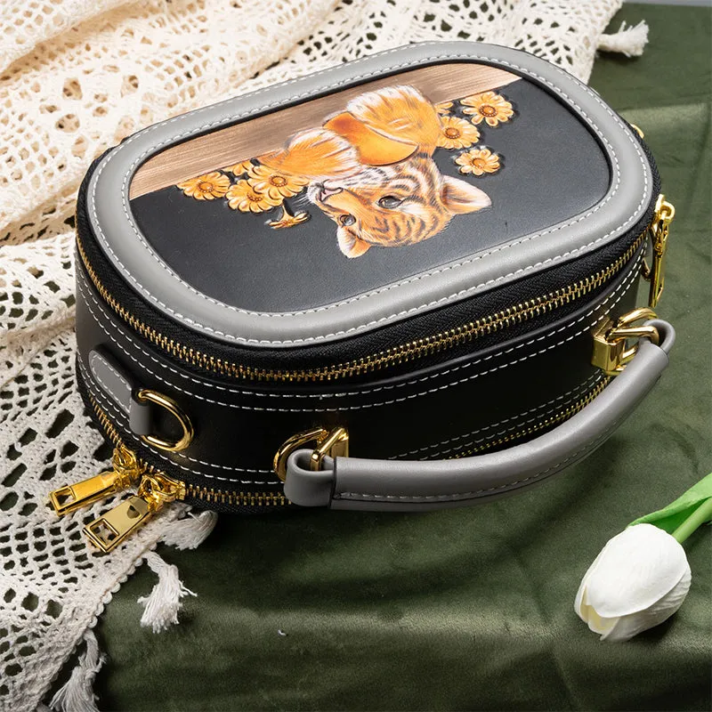 Hand-carved Leather Art Bag in Vegetable Tanned Cowhide with Cute Little Animals Pattern
