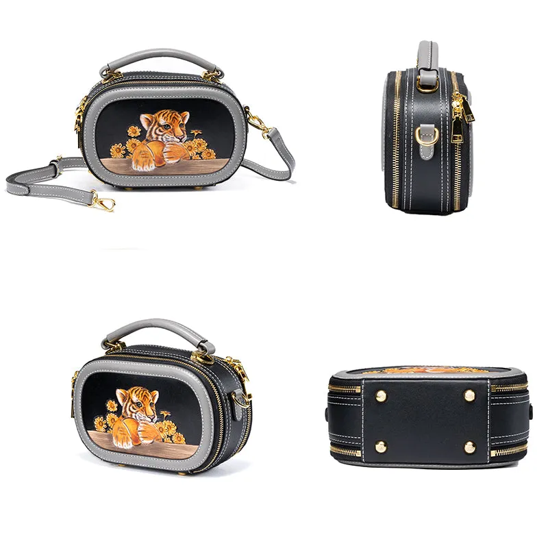 Hand-carved Leather Art Bag in Vegetable Tanned Cowhide with Cute Little Animals Pattern