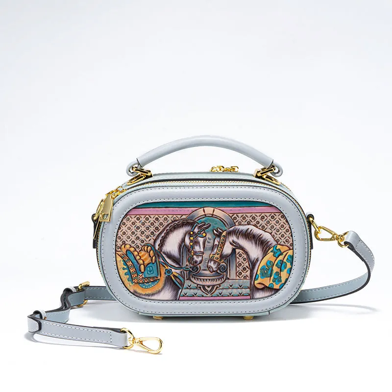 Hand-carved Leather Art Bag in Vegetable Tanned Cowhide with Cute Little Animals Pattern