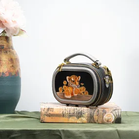 Hand-carved Leather Art Bag in Vegetable Tanned Cowhide with Cute Little Animals Pattern